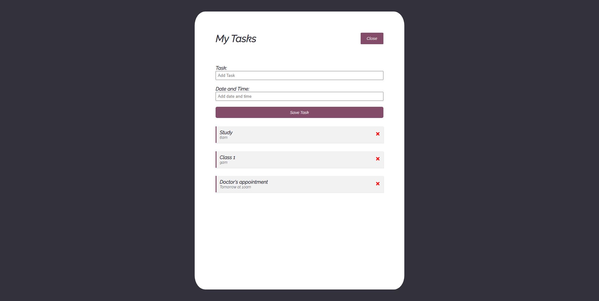 screenshot of Task Tracker app